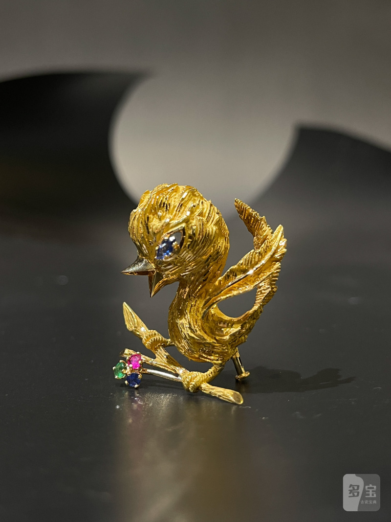 法国18k黄金彩宝小鸟胸针 - 图3